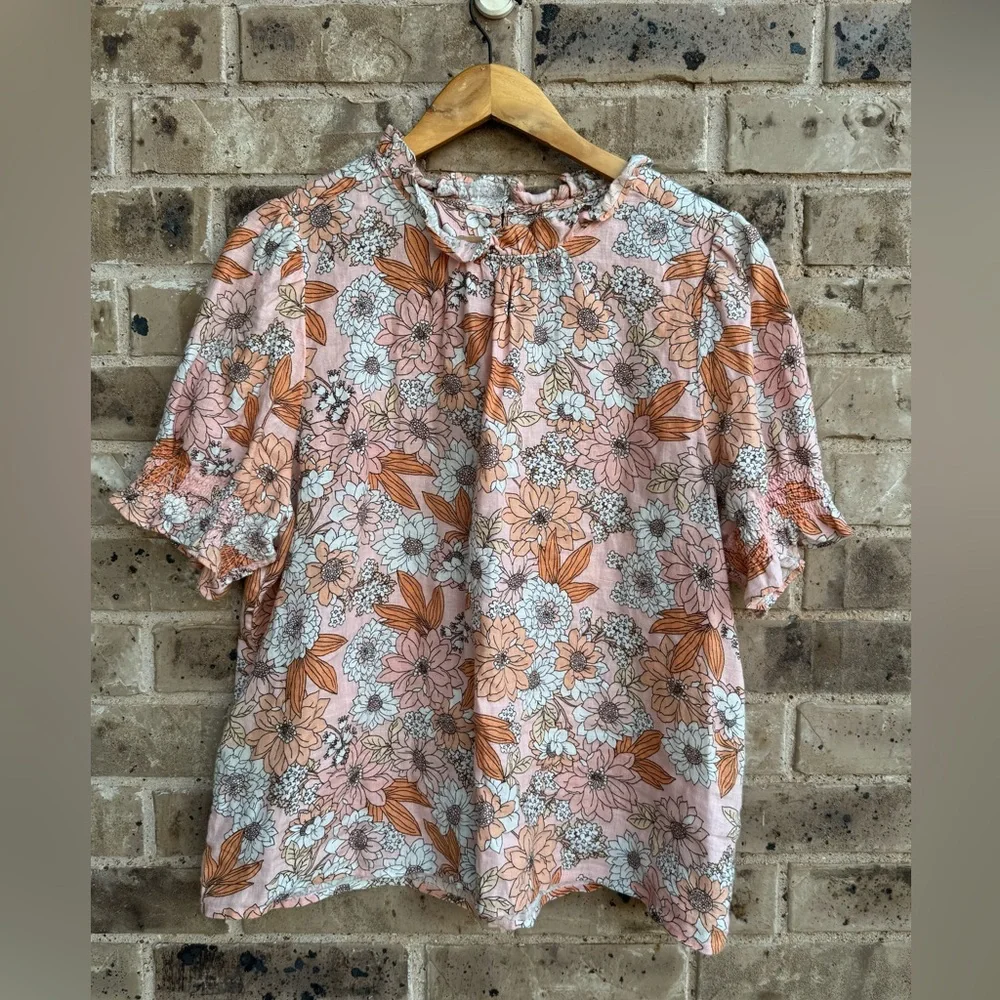 J. Crew Smocked puff-sleeve linen top in zinnia floral Size XL